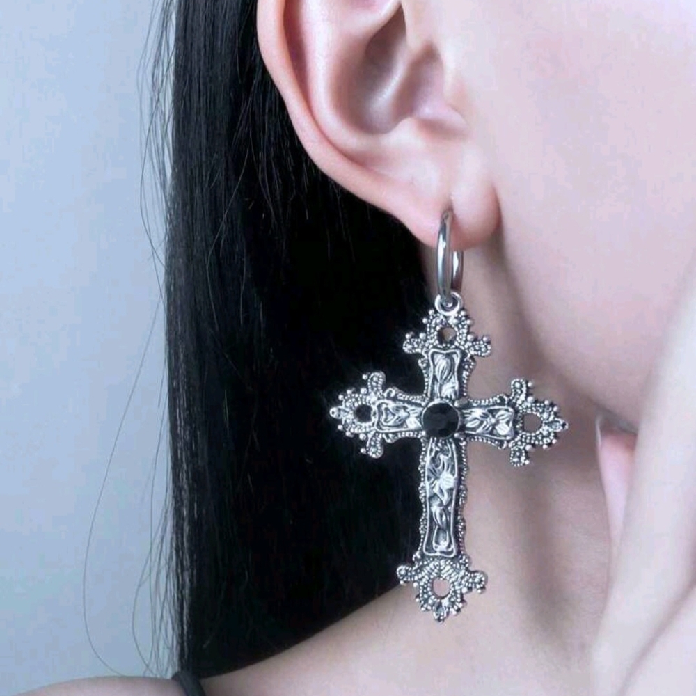 Intricate Antique Silver Tone Embossed Cross Dangle Drop Earrings New!